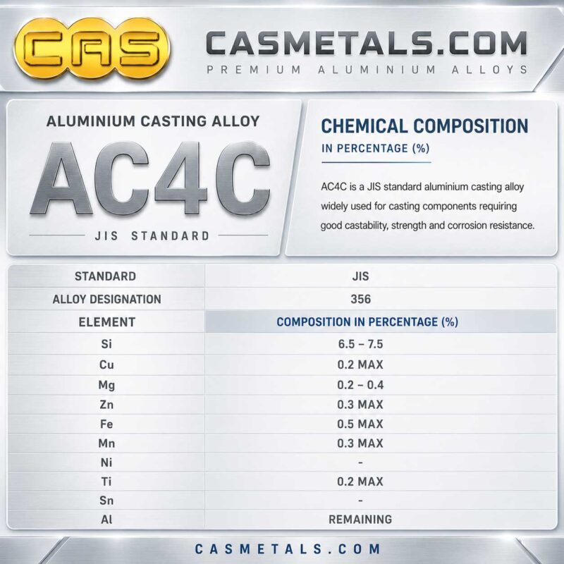 ตารางส่วนผสมทางเคมีอลูมิเนียมหล่อ AC4C สำหรับงานอุตสาหกรรม แสดงค่า Si Mg Fe Cu Zn และองค์ประกอบทางเคมีตามมาตรฐาน JIS