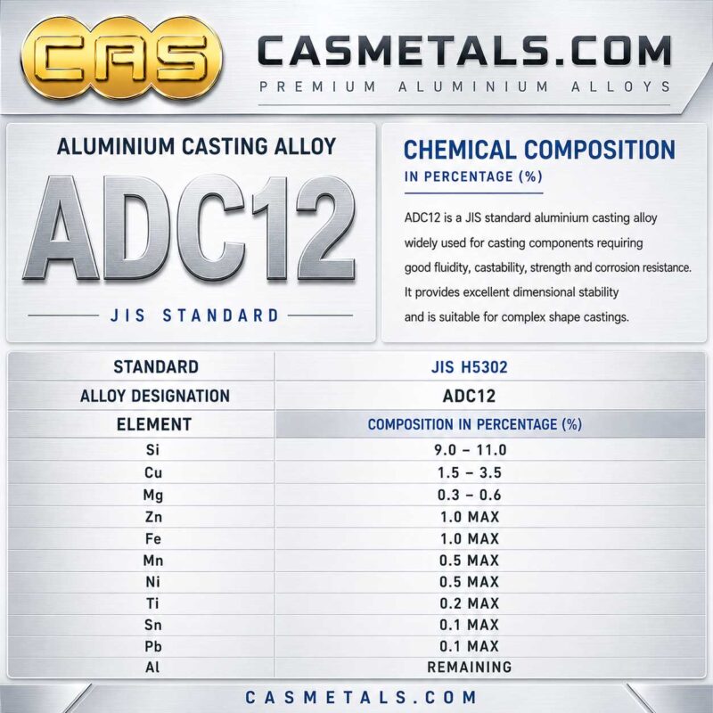 ตารางส่วนผสมทางเคมีอลูมิเนียมหล่อ ADC12 สำหรับงานอุตสาหกรรม แสดงค่า Si Cu Fe Zn Mg Mn และองค์ประกอบทางเคมีตามมาตรฐาน Aluminum Die Casting Alloy