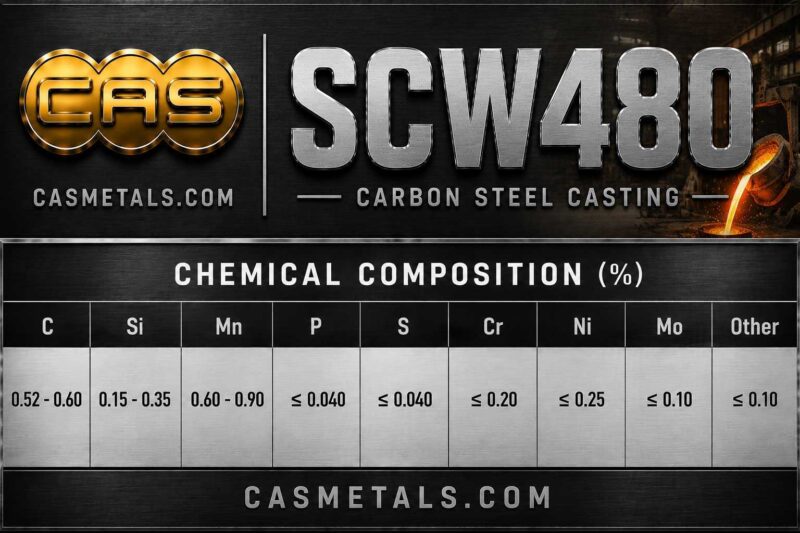 ตารางส่วนผสมทางเคมีเหล็กกล้าหล่อเกรด SCW480 สำหรับงานอุตสาหกรรม แสดงค่า C Si Mn P S และองค์ประกอบทางเคมีตามมาตรฐาน JIS