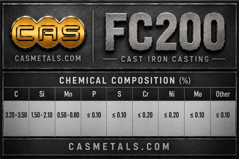 ตารางส่วนผสมทางเคมีเหล็กหล่อเทา FC200 สำหรับงานอุตสาหกรรม แสดงค่า C Si Mn P S และองค์ประกอบทางเคมีตามมาตรฐาน JIS