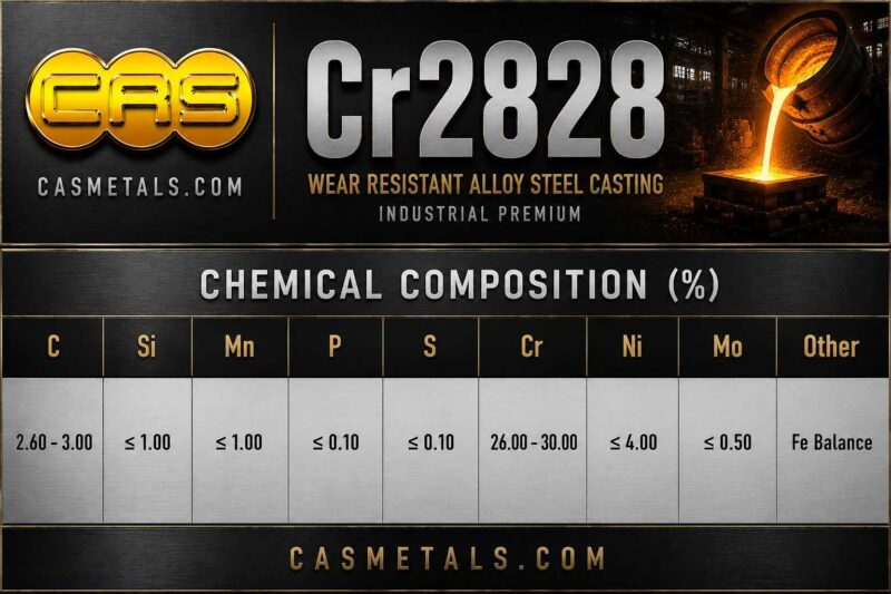 ตารางส่วนผสมทางเคมีเหล็กทนความร้อนเกรด CR2828 สำหรับงานอุตสาหกรรม แสดงค่า C Si Mn Cr Ni และองค์ประกอบทางเคมีตามมาตรฐานงานหล่ออุตสาหกรรม