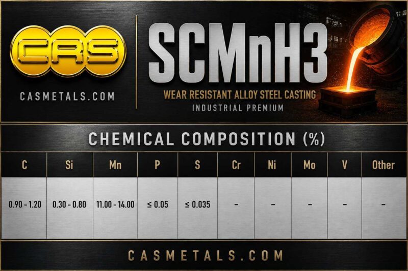 ตารางส่วนผสมทางเคมีเหล็กแมงกานีสหล่อเกรด SCMnH3 สำหรับงานอุตสาหกรรม แสดงค่า C Si Mn P S และองค์ประกอบทางเคมีตามมาตรฐาน JIS