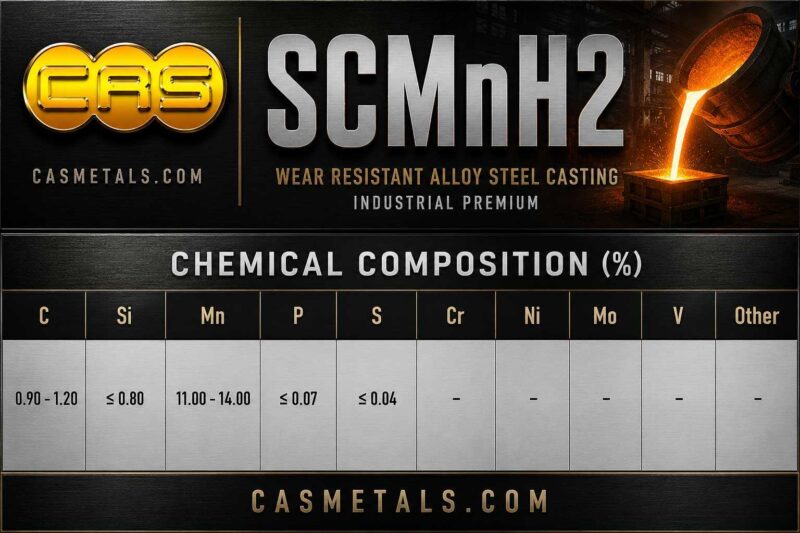 ตารางส่วนผสมทางเคมีเหล็กแมงกานีสหล่อเกรด SCMnH2 สำหรับงานอุตสาหกรรม แสดงค่า C Si Mn P S และองค์ประกอบทางเคมีตามมาตรฐาน JIS
