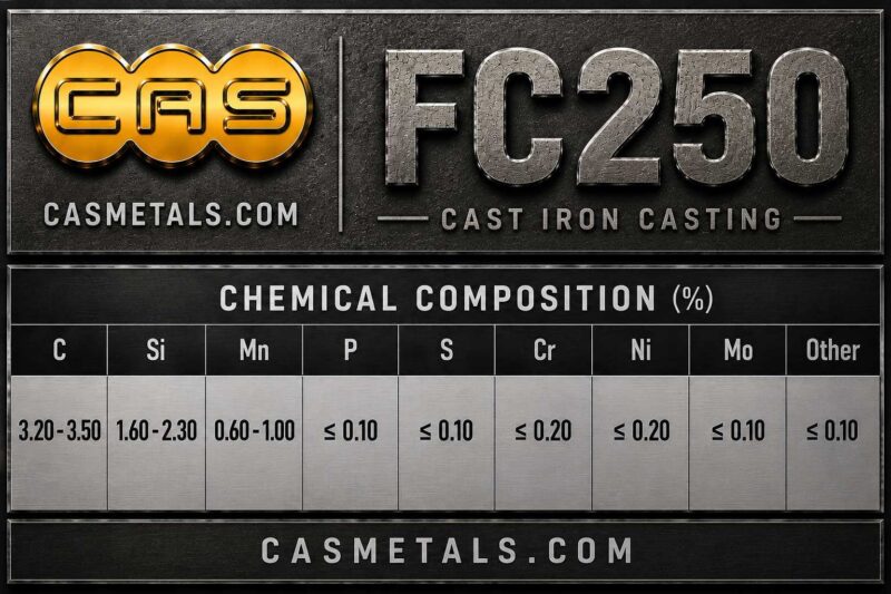 ตารางส่วนผสมทางเคมีเหล็กหล่อเทา FC250 สำหรับงานอุตสาหกรรม แสดงค่า C Si Mn P S และองค์ประกอบทางเคมีตามมาตรฐาน JIS
