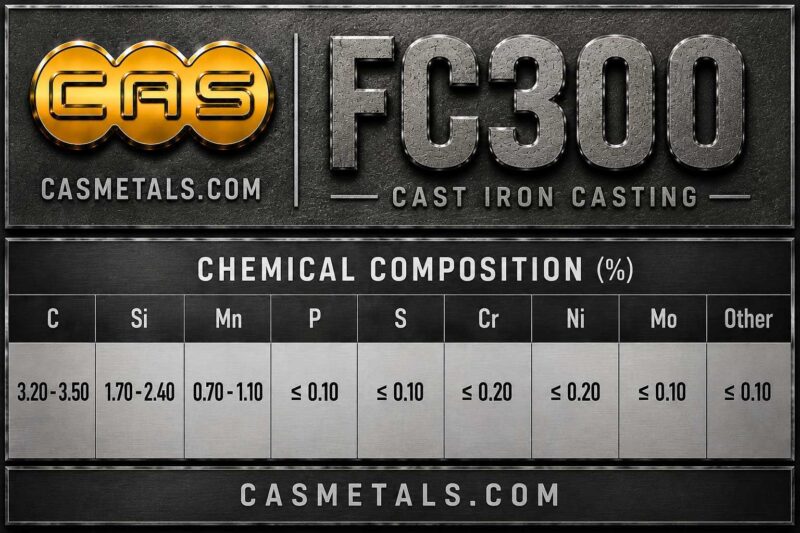 ตารางส่วนผสมทางเคมีเหล็กหล่อเทา FC300 สำหรับงานอุตสาหกรรม แสดงค่า C Si Mn P S และองค์ประกอบทางเคมีตามมาตรฐาน JIS