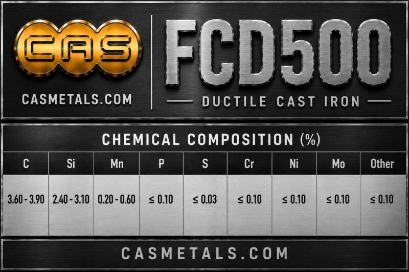ตารางส่วนผสมทางเคมีเหล็กหล่อเหนียว FCD500 สำหรับงานอุตสาหกรรม แสดงค่า C Si Mn P S และองค์ประกอบทางเคมีตามมาตรฐาน