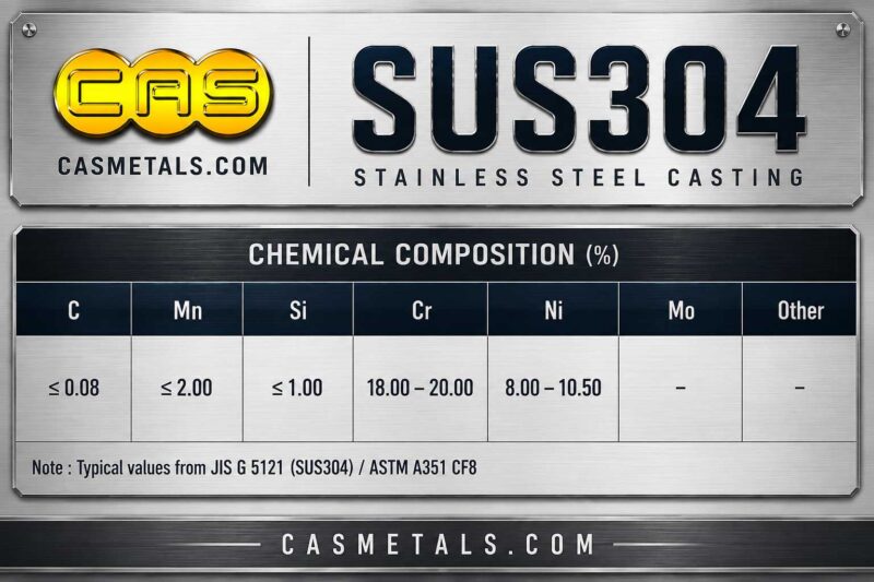 ตารางส่วนผสมทางเคมีสแตนเลสหล่อ SUS304 สำหรับงานอุตสาหกรรม แสดงค่า C Mn Si Cr Ni และองค์ประกอบทางเคมีตามมาตรฐาน JIS และ ASTM