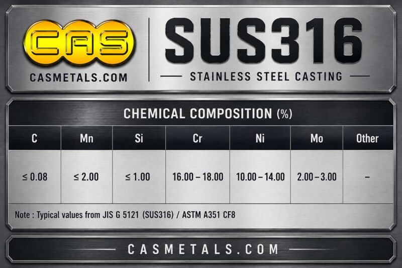 ตารางส่วนผสมทางเคมีสแตนเลสหล่อ SUS316 สำหรับงานอุตสาหกรรม แสดงค่า C Mn Si Cr Ni Mo และองค์ประกอบทางเคมีตามมาตรฐาน JIS และ ASTM