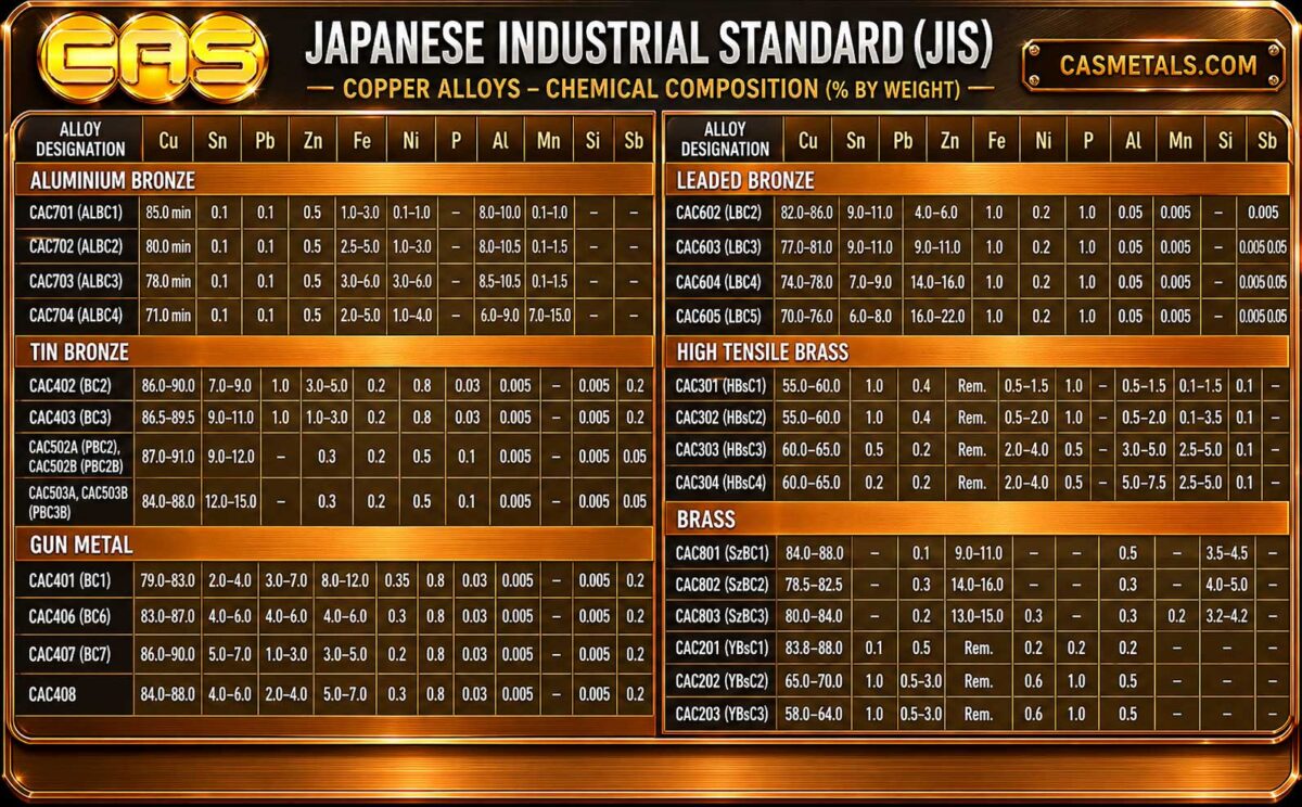 ตารางส่วนผสมทางเคมี Bronze Alloy มาตรฐาน JIS สำหรับงานหล่ออุตสาหกรรม แสดงเกรด BC2 BC3 BC6 BC7 ALBC LBC พร้อมองค์ประกอบ Cu Sn Pb Zn Fe Ni โดย CASMETALS.COM