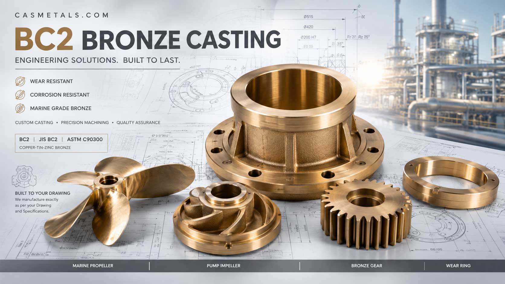 หล่อทองเหลืองบรอนซ์ BC2 Bronze Casting C90300 สำหรับบู๊ช แบริ่ง เฟือง และชิ้นส่วนเครื่องจักรอุตสาหกรรม ทนการสึกหรอสูง โดย CASMETALS