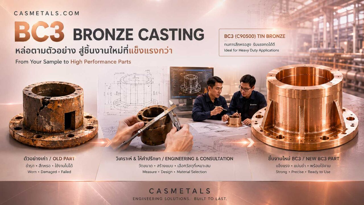 ชิ้นงานบรอนซ์หล่อ BC3 Bronze Casting สำหรับบู๊ช แบริ่ง เฟือง และอะไหล่เครื่องจักรอุตสาหกรรม รับแรงกดและทนการสึกหรอสูง โดย CASMETALS