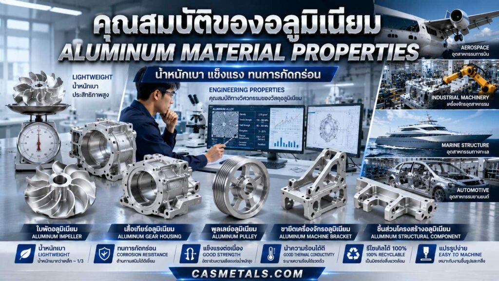 ตัวอย่างชิ้นส่วนอลูมิเนียมอุตสาหกรรม พร้อมการแสดงคุณสมบัติด้านน้ำหนักเบา ความแข็งแรง และความต้านทานการกัดกร่อน