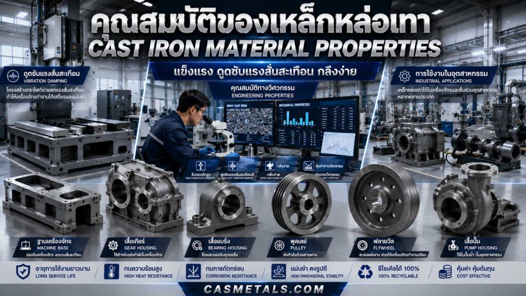ตัวอย่างชิ้นส่วนเหล็กหล่อเทาอุตสาหกรรม พร้อมสื่อถึงคุณสมบัติด้านความแข็งแรง การดูดซับแรงสั่นสะเทือน และการใช้งานในเครื่องจักร