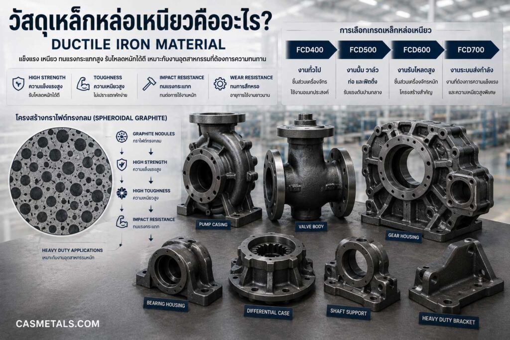 วัสดุเหล็กหล่อเหนียว Ductile Iron FCD400 FCD500 FCD600 FCD700 โครงสร้างกราไฟต์ทรงกลม สำหรับปั๊ม วาล์ว Gear Housing และชิ้นส่วนรับโหลดสูง