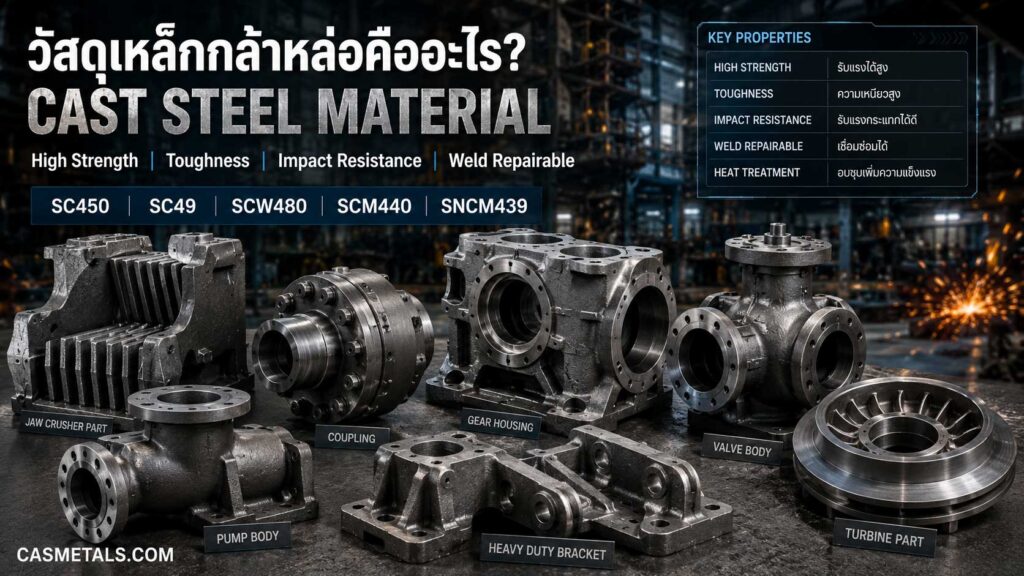 วัสดุเหล็กกล้าหล่อ Cast Steel SC450 SC49 SCW480 SCM440 SNCM439 สำหรับชิ้นส่วนเครื่องจักรหนัก งานเหมืองแร่ ปูนซีเมนต์ ปั๊ม วาล์ว และงานรับแรงกระแทกสูง