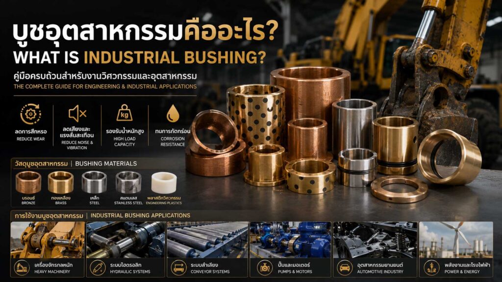 บู๊ชอุตสาหกรรม (Industrial Bushing) สำหรับเครื่องจักรอุตสาหกรรม ผลิตจากบรอนซ์ ทองเหลือง เหล็ก และสแตนเลส ใช้ลดการสึกหรอและรองรับการหมุนของเพลา