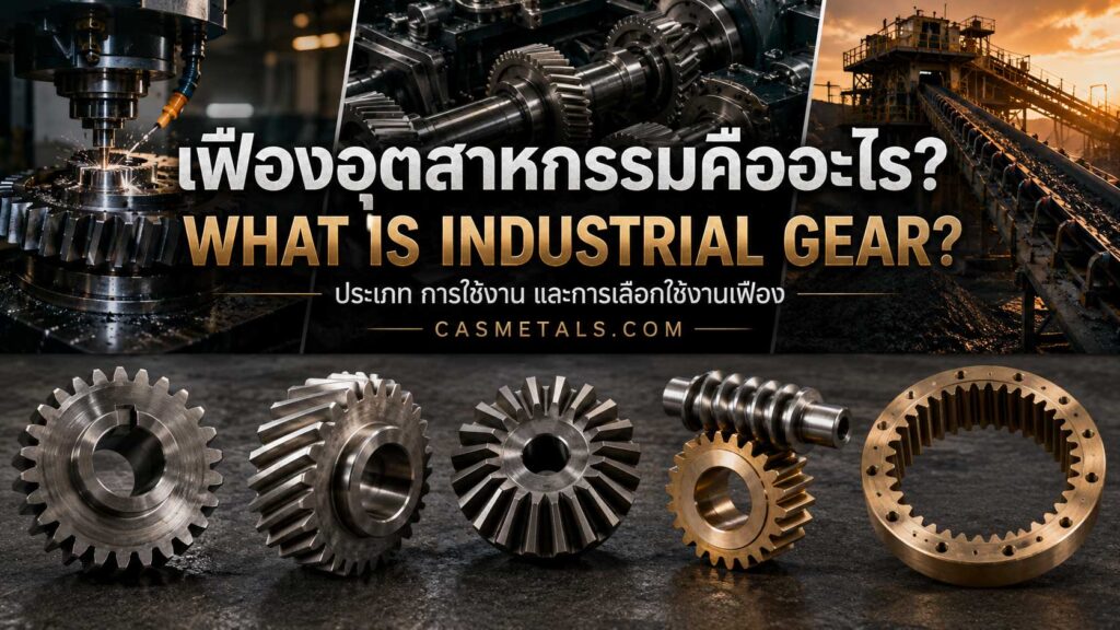เฟืองอุตสาหกรรมหลายประเภทพร้อมตัวอย่าง Spur Gear, Helical Gear, Bevel Gear, Worm Gear และ Ring Gear สำหรับระบบส่งกำลังในเครื่องจักรอุตสาหกรรม