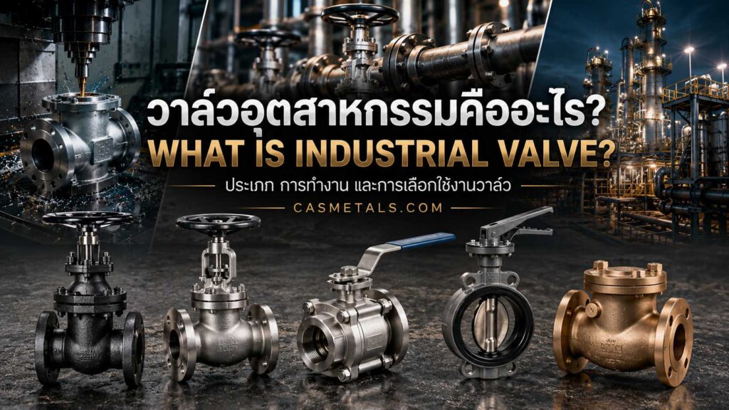 วาล์วอุตสาหกรรมหลายประเภทพร้อมตัวอย่าง Gate Valve, Globe Valve, Ball Valve, Butterfly Valve และ Check Valve สำหรับระบบท่ออุตสาหกรรม