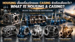 ตัวอย่างเสื้อเครื่องจักรและตัวเรือนอุตสาหกรรมหลายประเภท ได้แก่ Gear Housing, Bearing Housing, Pump Casing และ Crusher Housing สำหรับงานเครื่องจักรอุตสาหกรรม
