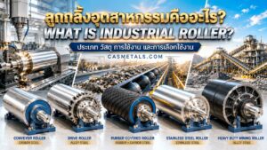 ลูกกลิ้งอุตสาหกรรมหลายประเภท พร้อมตัวอย่าง Conveyor Roller, Drive Roller, Rubber Roller และ Stainless Steel Roller สำหรับระบบลำเลียงและเครื่องจักรอุตสาหกรรม