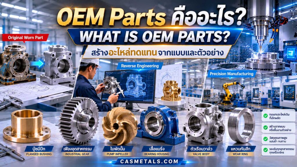 ตัวอย่างอะไหล่ OEM Replacement Parts สำหรับเครื่องจักรอุตสาหกรรม เช่น บู๊ช เฟือง ใบพัดปั๊ม เสื้อแบริ่ง และตัวเรือนวาล์ว