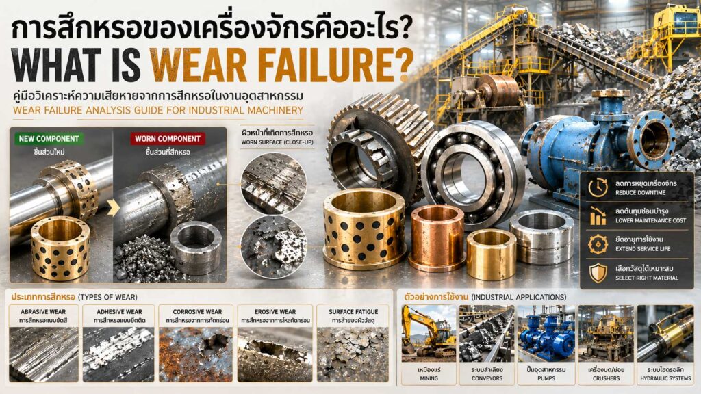 ภาพแสดงความเสียหายจากการสึกหรอของชิ้นส่วนเครื่องจักรอุตสาหกรรม Wear Failure บริเวณเพลา บู๊ช แบริ่ง และเฟือง พร้อมตัวอย่างการวิเคราะห์การสึกหรอในงานวิศวกรรม