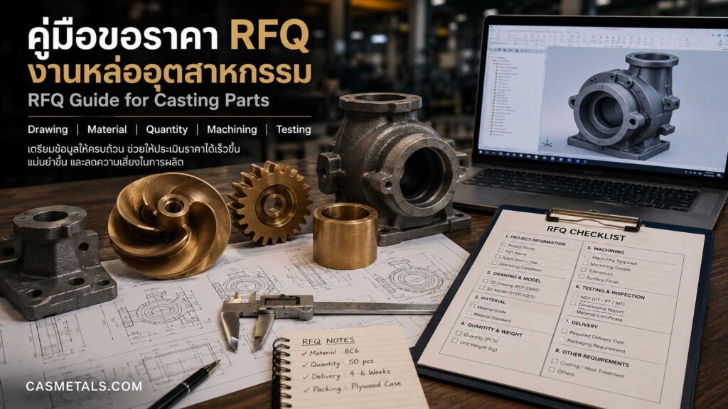 คู่มือขอราคา RFQ งานหล่ออุตสาหกรรม พร้อม Drawing วัสดุ จำนวน การกลึง การทดสอบ และตัวอย่างชิ้นงานหล่อ